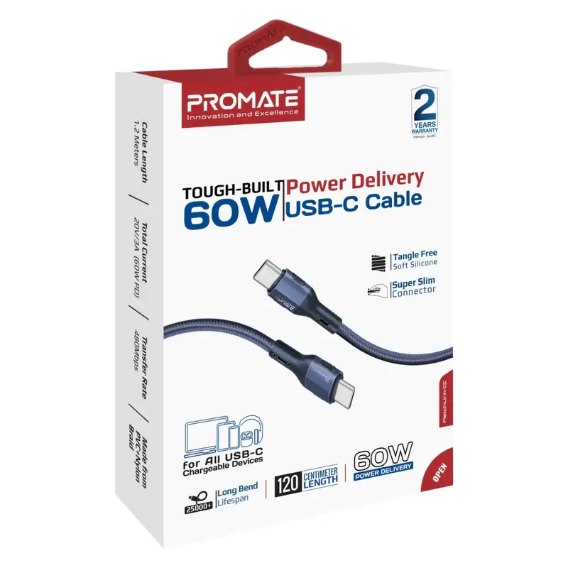 Promate Magnetic USB-C Charging Cable 60W 1.2m Blue