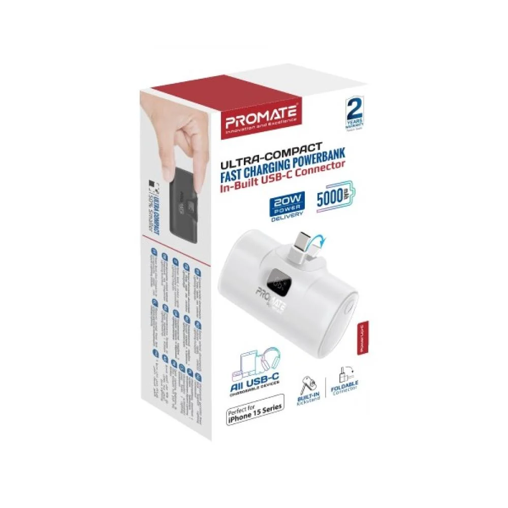 Promate 5000mAh 20W Power Bank with Built-in Lightning Connector White