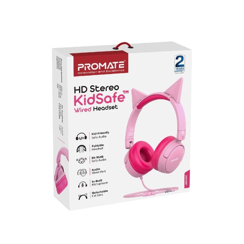 Promate Foldable Wired Kids Headphones with Audio Sharing Port Pink