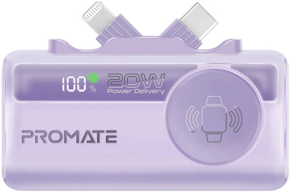 Promate 5000mAh 20W Power Bank with Built-in Lightning and USB-C Cables Purple