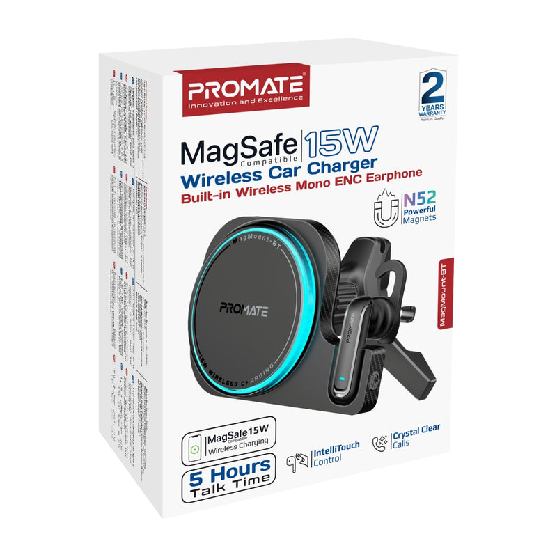 Promate Car Mount with MagSafe Wireless Charger and Built-in Bluetooth Earbud