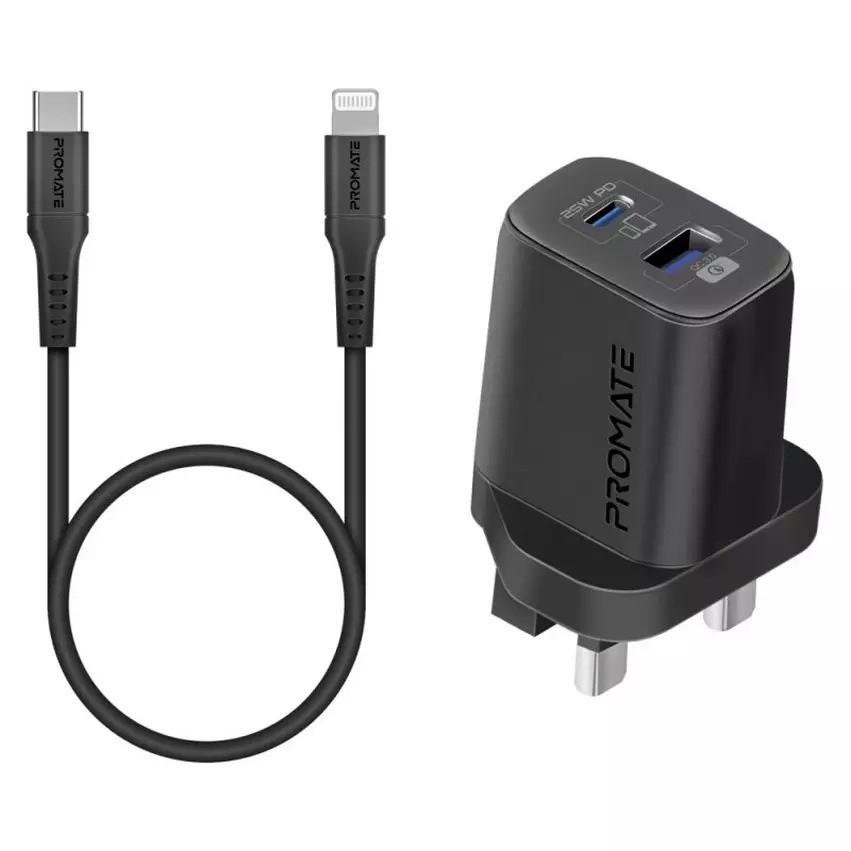 Promate 25W Wall Charger with USB-C Cable Black