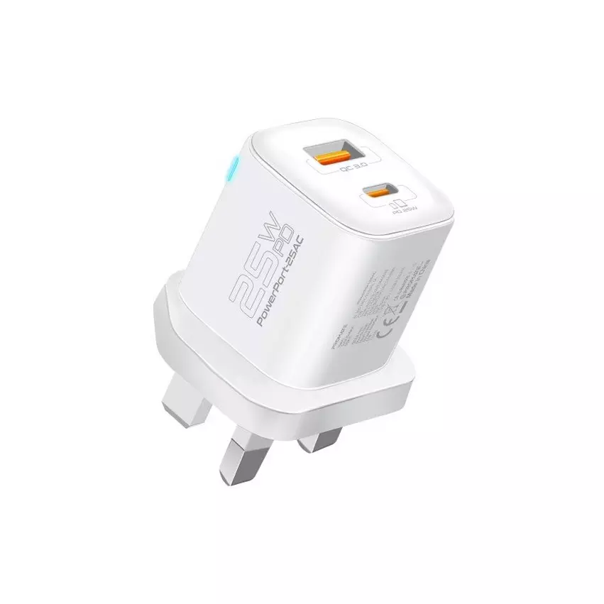 Promate 25W Wall Charger with USB-C and USB-A Ports White