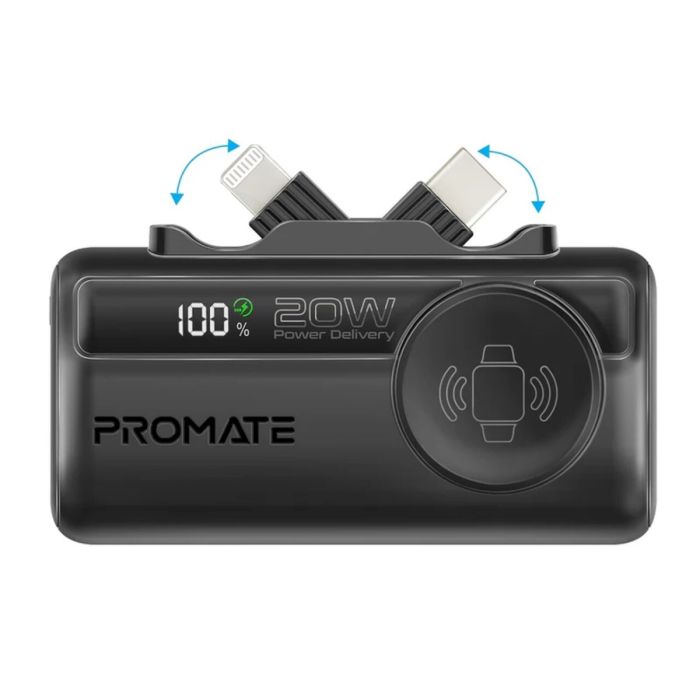 Promate 5000mAh 20W Power Bank with Built-in Lightning and USB-C Cables Black