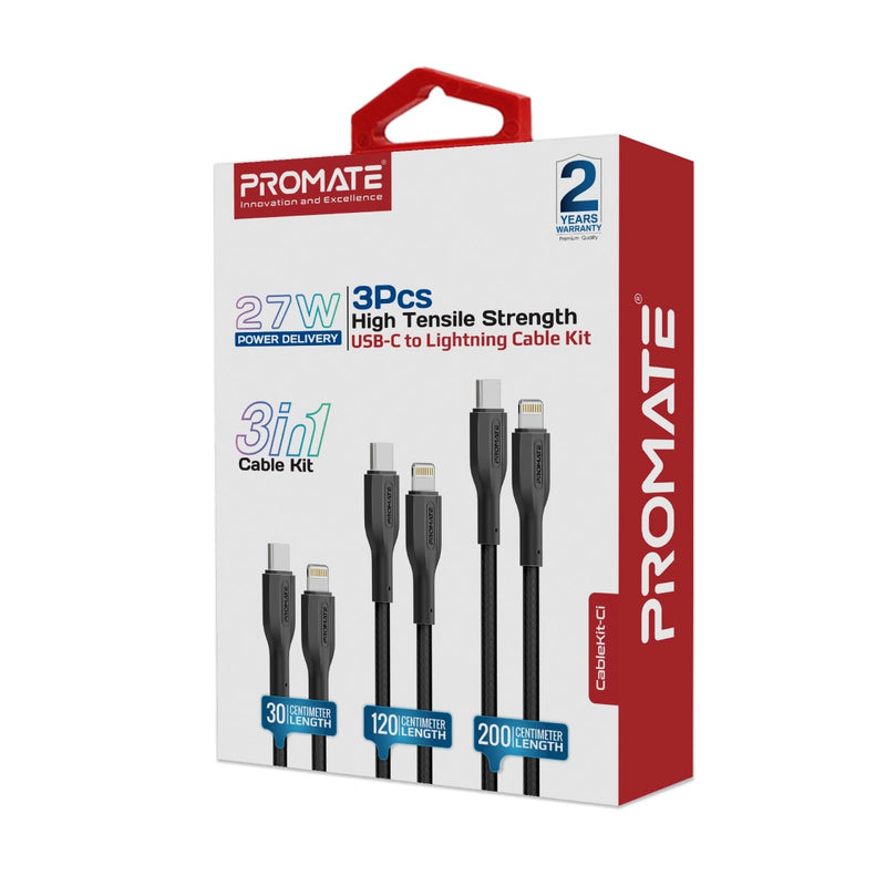 Promate 3-Pack USB-C to Lightning Cables 27W